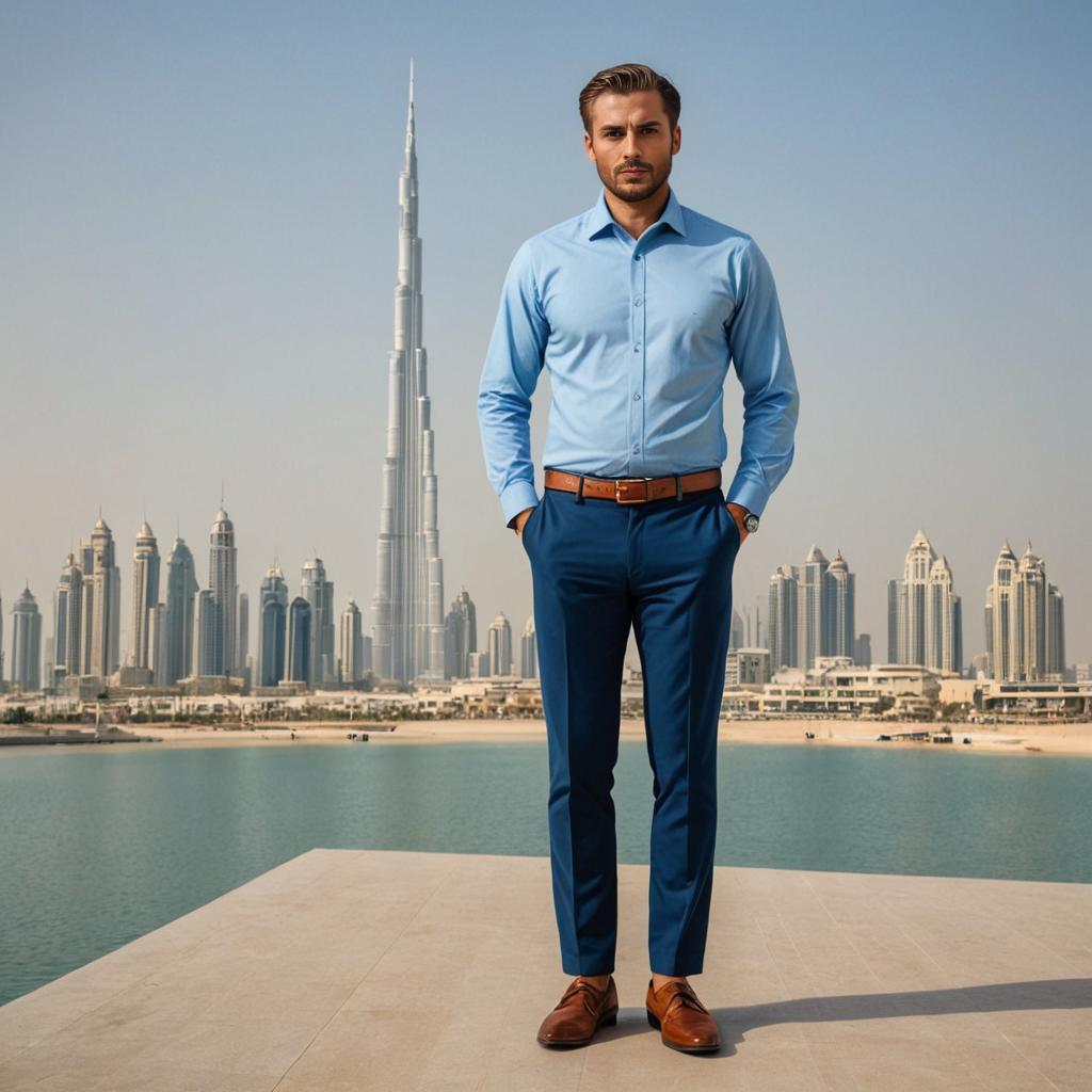 Man in Blue Shirt Captures Photo with Burj Khalifa