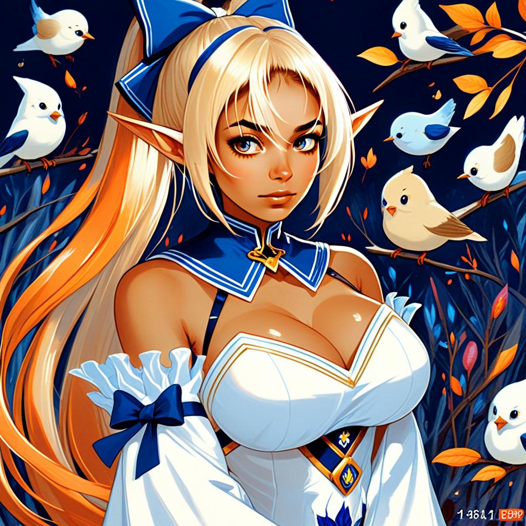 Anime Elf Woman with Blonde Hair and Birds in Autumn Forest