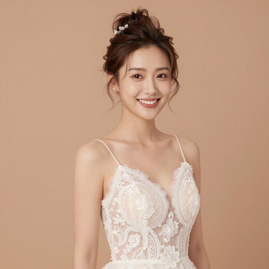 Elegant Young Woman Wearing White Lace Floral Dress with Updo Hairstyle