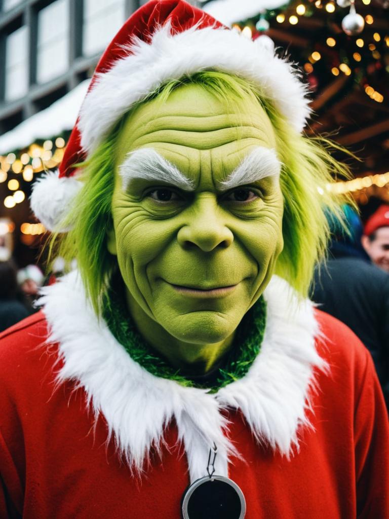 Man in Detailed Grinch Costume with Santa Hat at Holiday Event