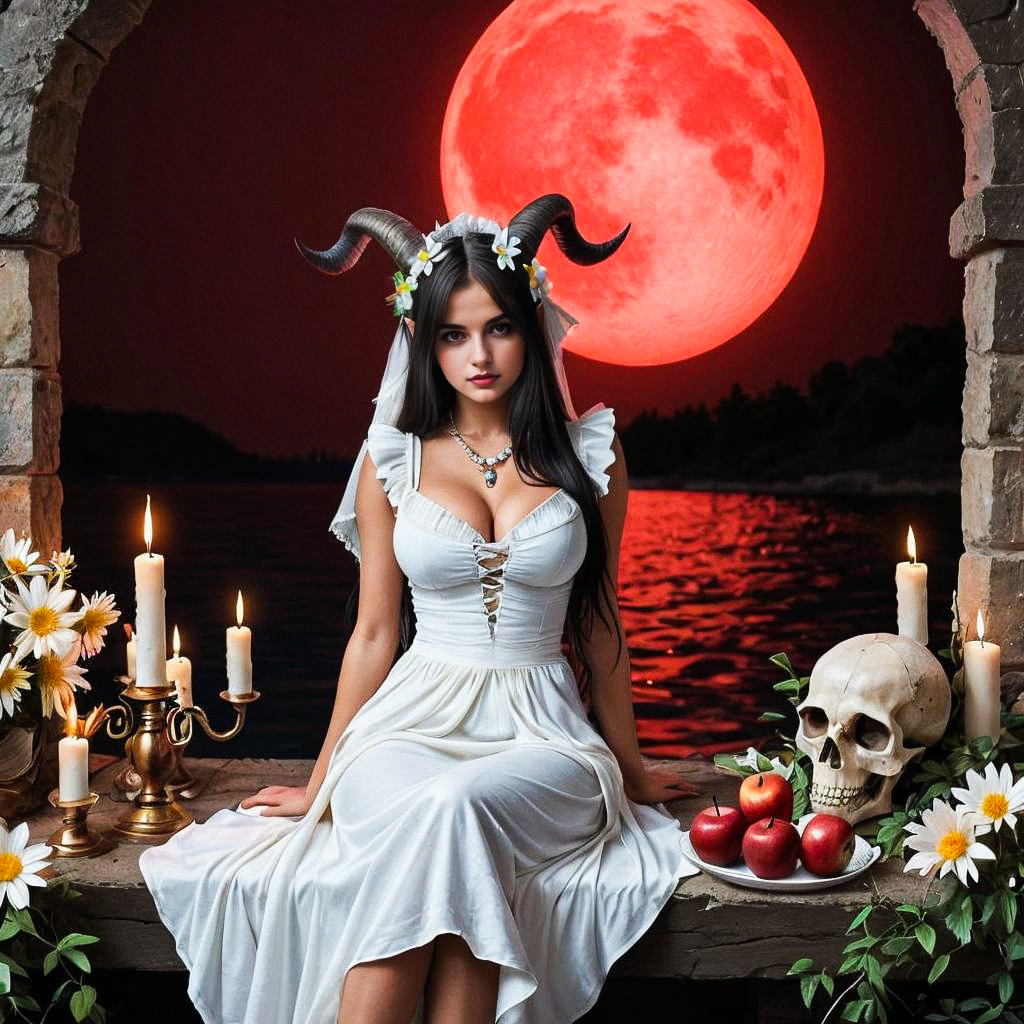 Mystical Woman in White Dress with Ram Horns by Candlelight Mystical Woman in White Dress with Ram Horns by Candlelight