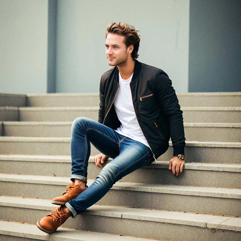 Fashionable Young Man in Black Bomber Jacket