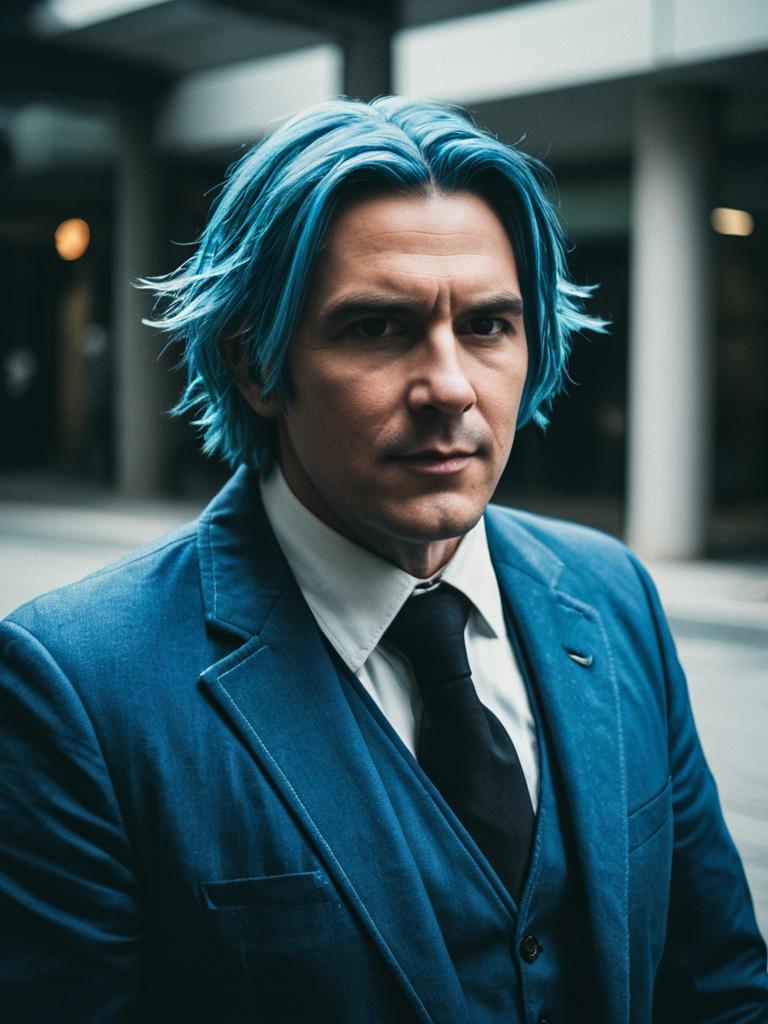 Man Cosplaying Anya With Blue Hair in Cinematic Realism Style