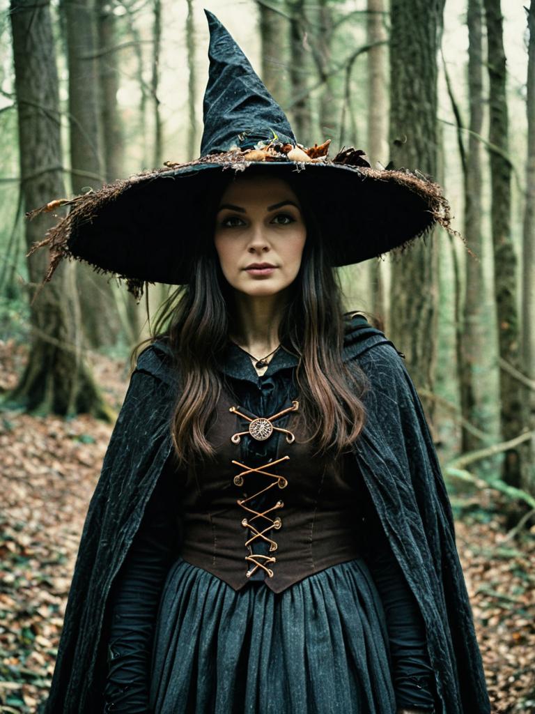 Woodland Witch Costume Woman in Forest with Pointed Hat and Cloak