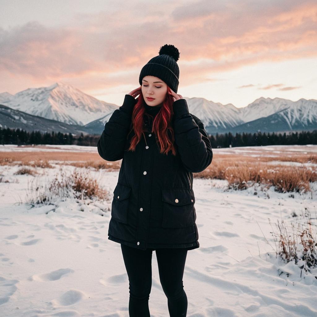 Young Woman in Snowy Field at Sunset