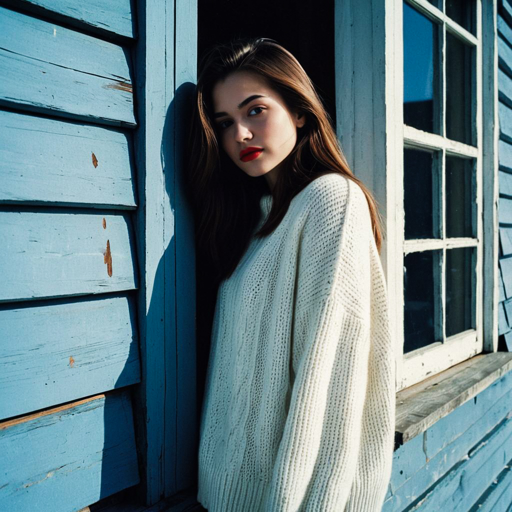 Young Woman in Cozy Sweater by Blue Wooden House Young Woman in Cozy Sweater by Blue Wooden House