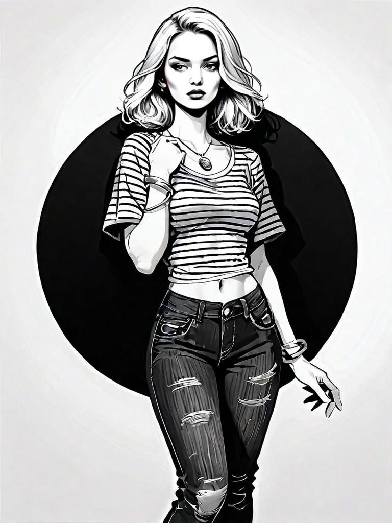Stylized Comic-Style Illustration of Woman in Striped Crop Top and Ripped Jeans