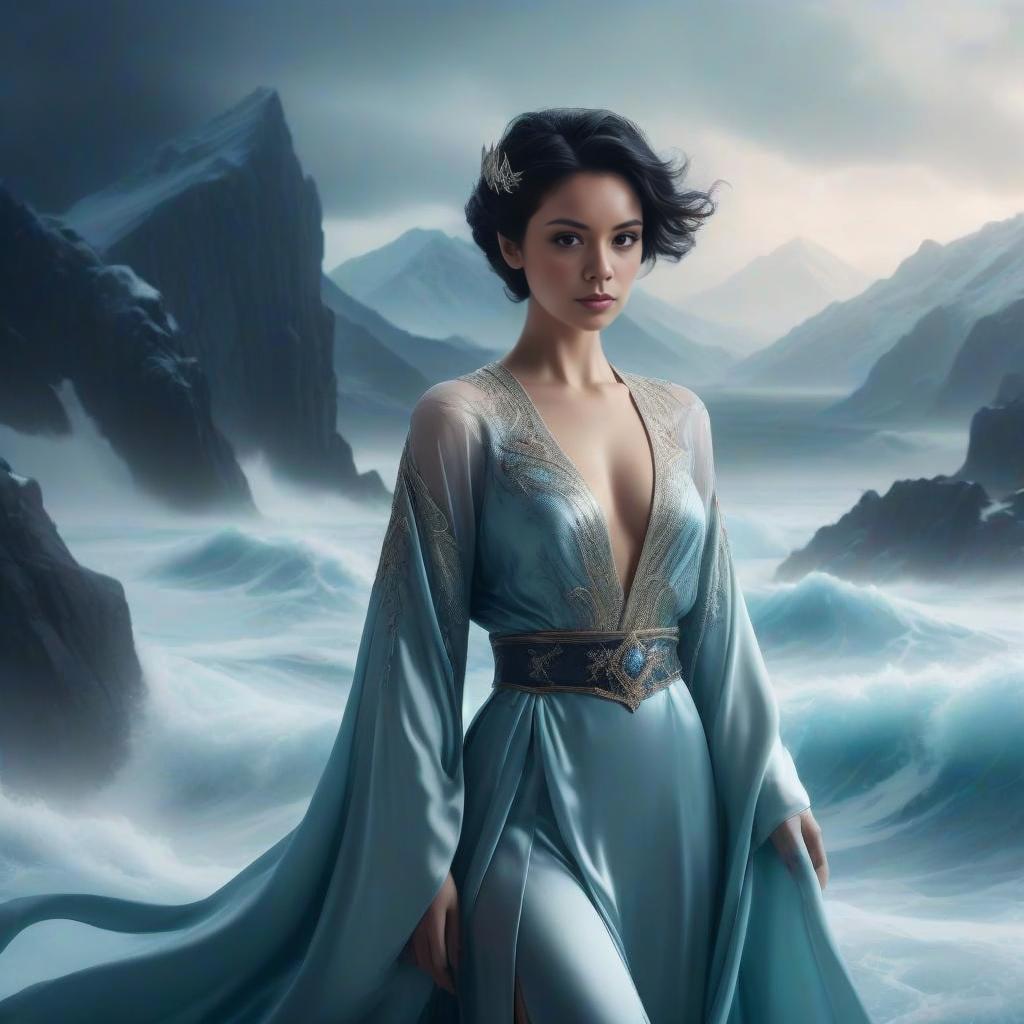 Elegant Woman in Misty Mountains and Ocean Waves Elegant Woman in Misty Mountains and Ocean Waves