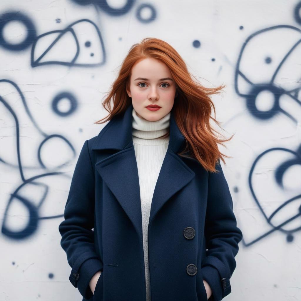 Young Woman with Red Hair Wearing Navy Coat in Front of Graffiti Wall