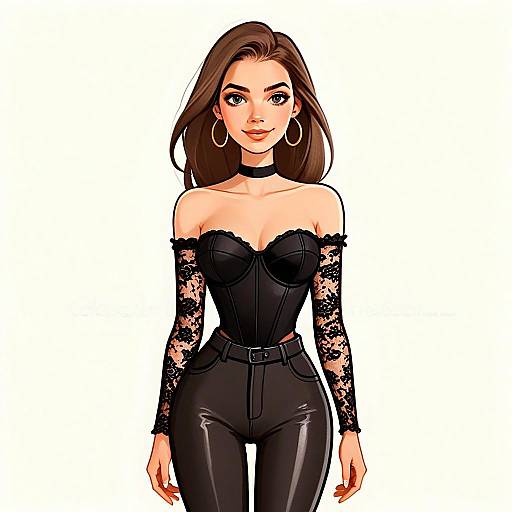 Edgy Chic Woman in Black Corset and Lace Sleeves Digital Illustration