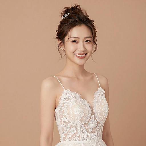 Elegant Young Woman Wearing White Lace Floral Dress with Updo Hairstyle