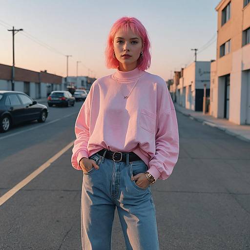 Young Woman with Pink Hair Wearing Casual Street Style in Urban Setting