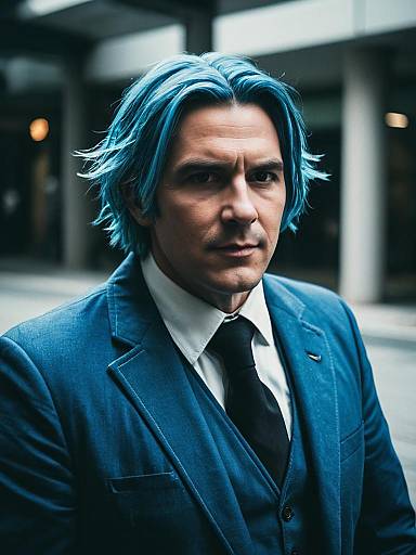 Man Cosplaying Anya With Blue Hair in Cinematic Realism Style