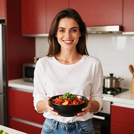 Happy Woman Holding Fresh Homemade Dish in Modern Kitchen