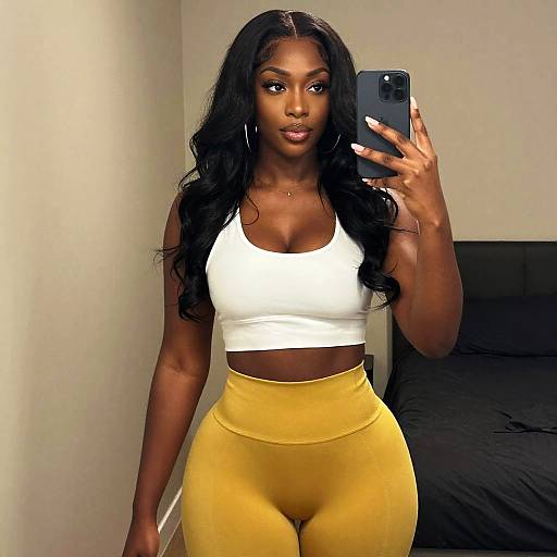 Confident Woman in White Crop Top and Yellow Leggings Taking Mirror Selfie