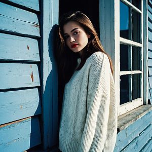 Young Woman in Cozy Sweater by Blue Wooden House