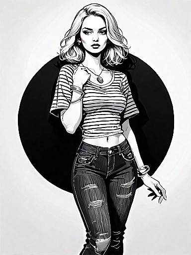 Stylized Comic-Style Illustration of Woman in Striped Crop Top and Ripped Jeans
