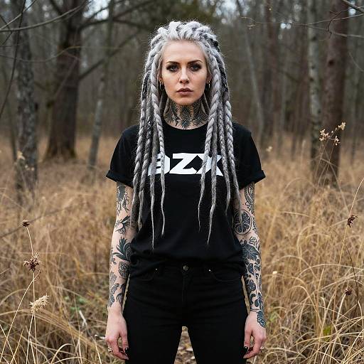Tattooed Woman with Braided Silver Hair in Forest Wearing Black T-Shirt