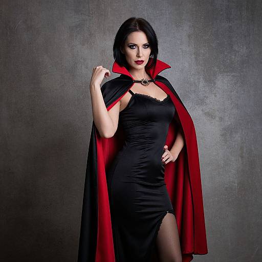 Confident Woman in Classic Vampire Costume with Black and Red Cape