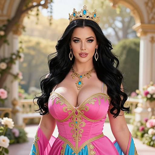 Elegant Woman in Pink Princess Gown with Gold Crown in Garden