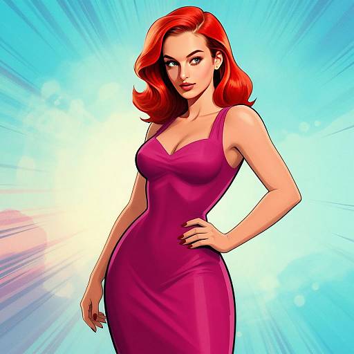 Confident Woman with Red Hair in Magenta Dress Digital Illustration