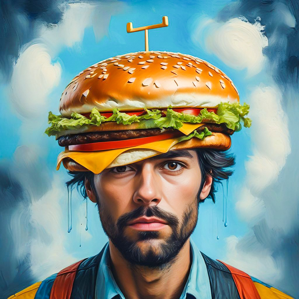 Hyperrealistic Man with Hamburger Hat Hyperrealistic Man with Hamburger Hat