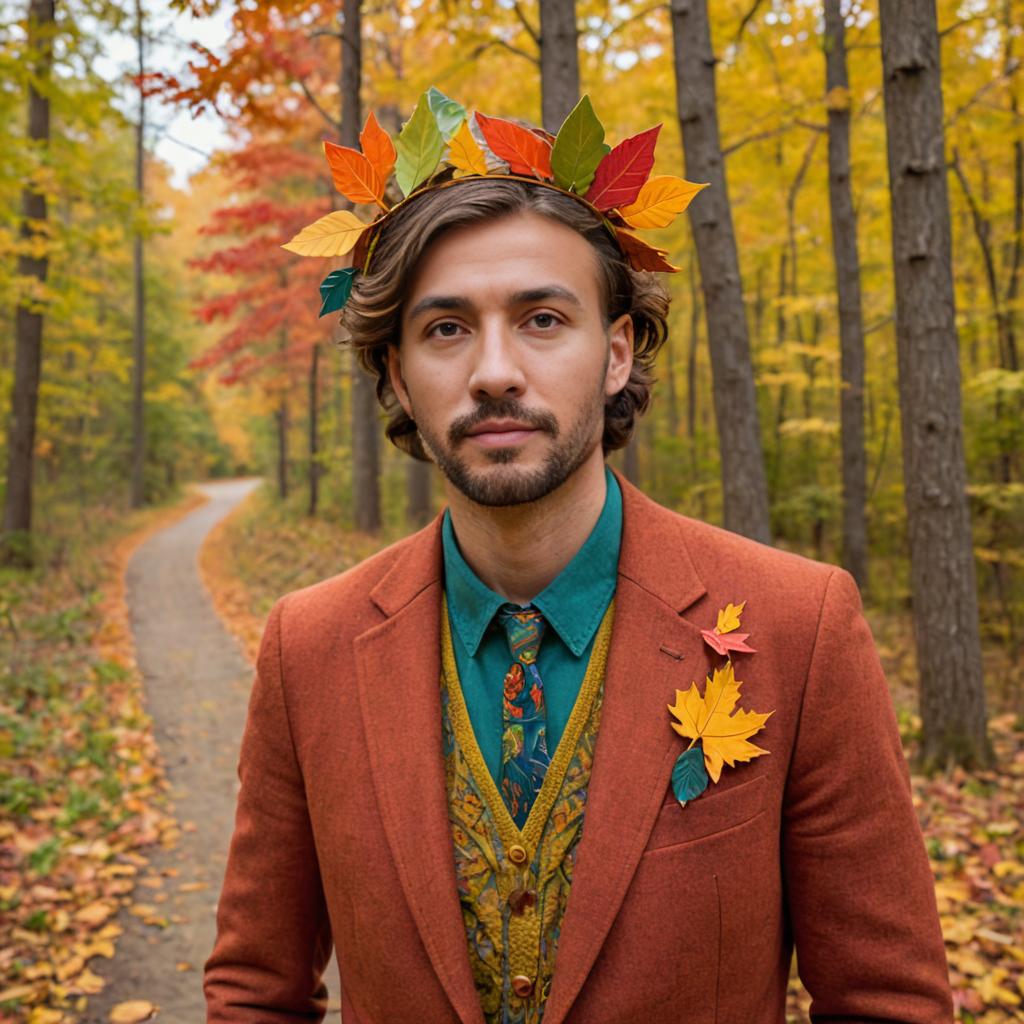 Fashionable Man with Autumn Leaf in Forest