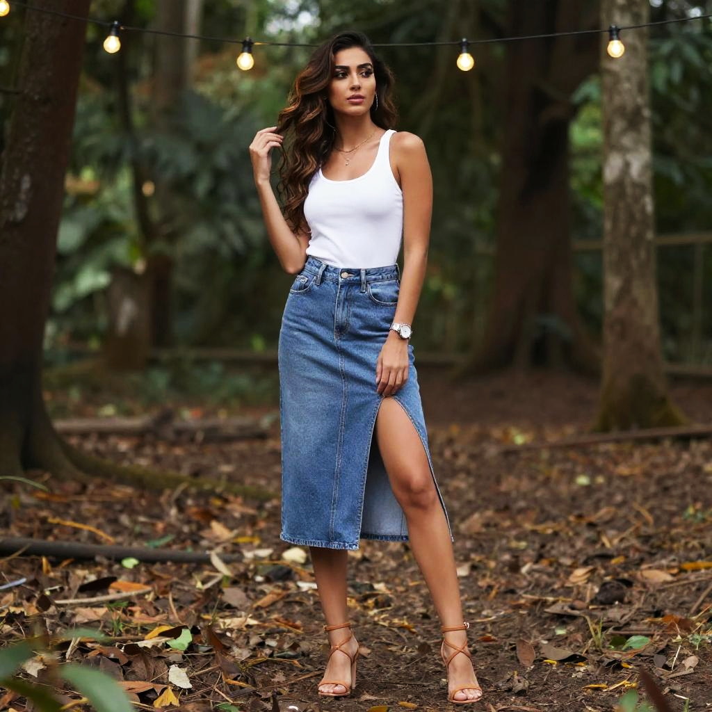 Slim Woman in Casual Chic Outfit with White Tank Top and Denim Midi Skirt
