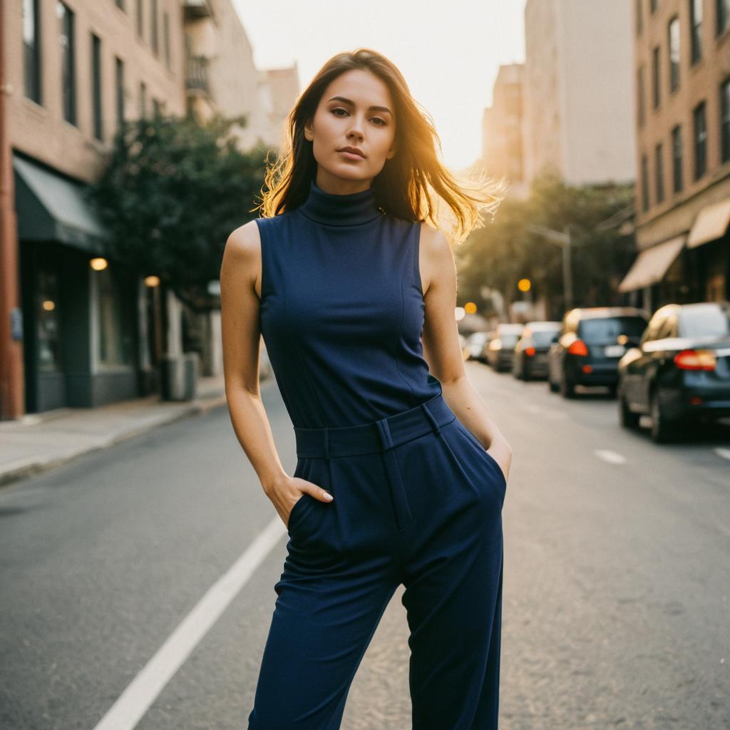 Confident Woman in Navy Blue Jumpsuit on City Street at Sunset Confident Woman in Navy Blue Jumpsuit on City Street at Sunset
