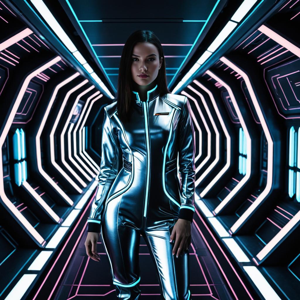 Futuristic Woman in Metallic Jumpsuit in Neon Sci-Fi Corridor