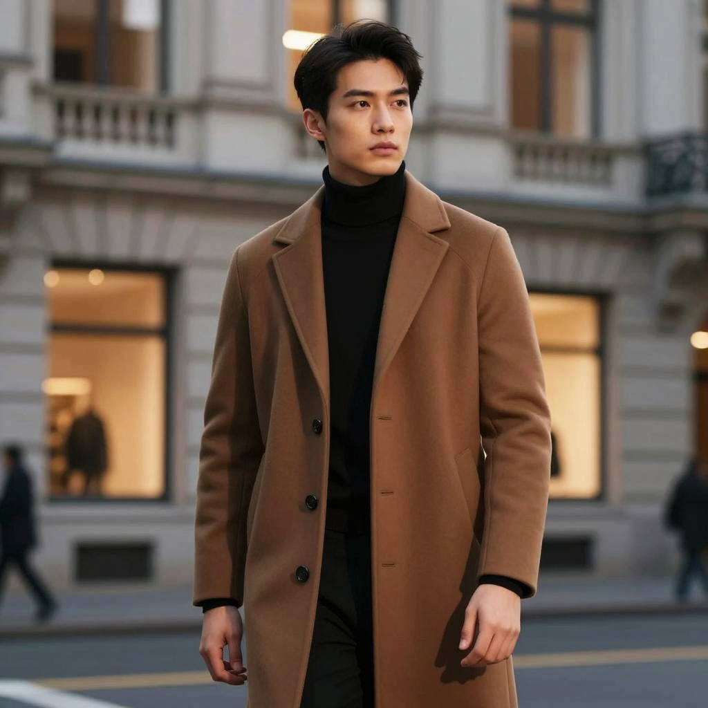 Young Man Wearing Camel Coat and Black Turtleneck Urban Fashion