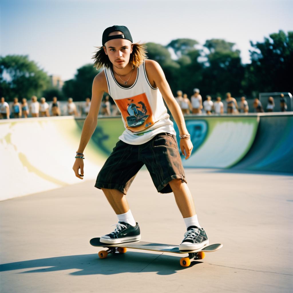 Young Man Skateboarding in Vibrant Skate Park