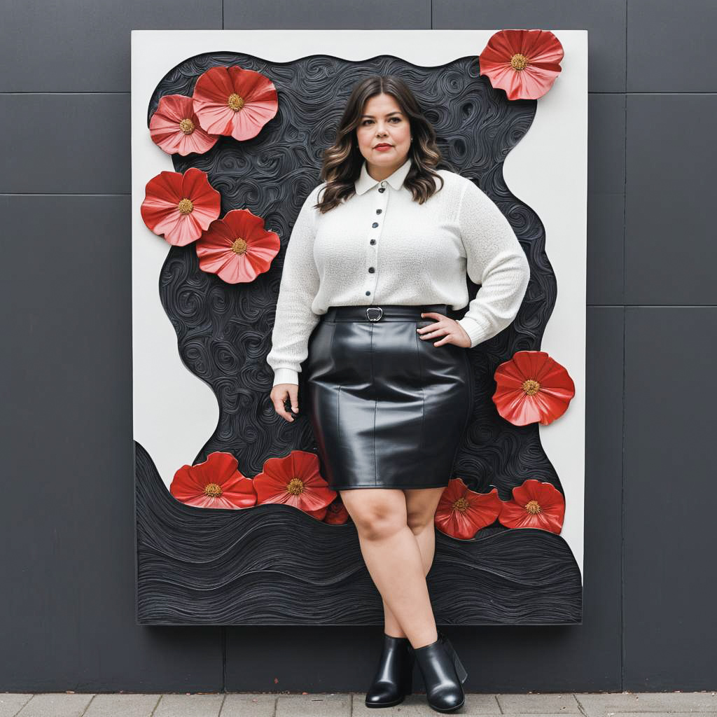 Stylish woman in white shirt and black skirt with red flowers