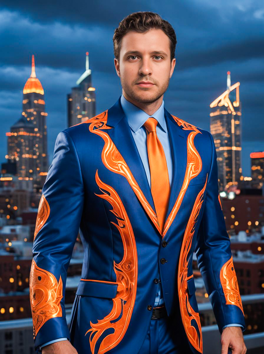 Man in Franklin Storm Costume Against City Skyline