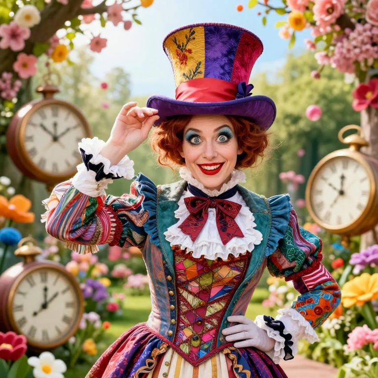Mad Hatter Woman in Colorful Victorian Costume with Pocket Watches and Flowers