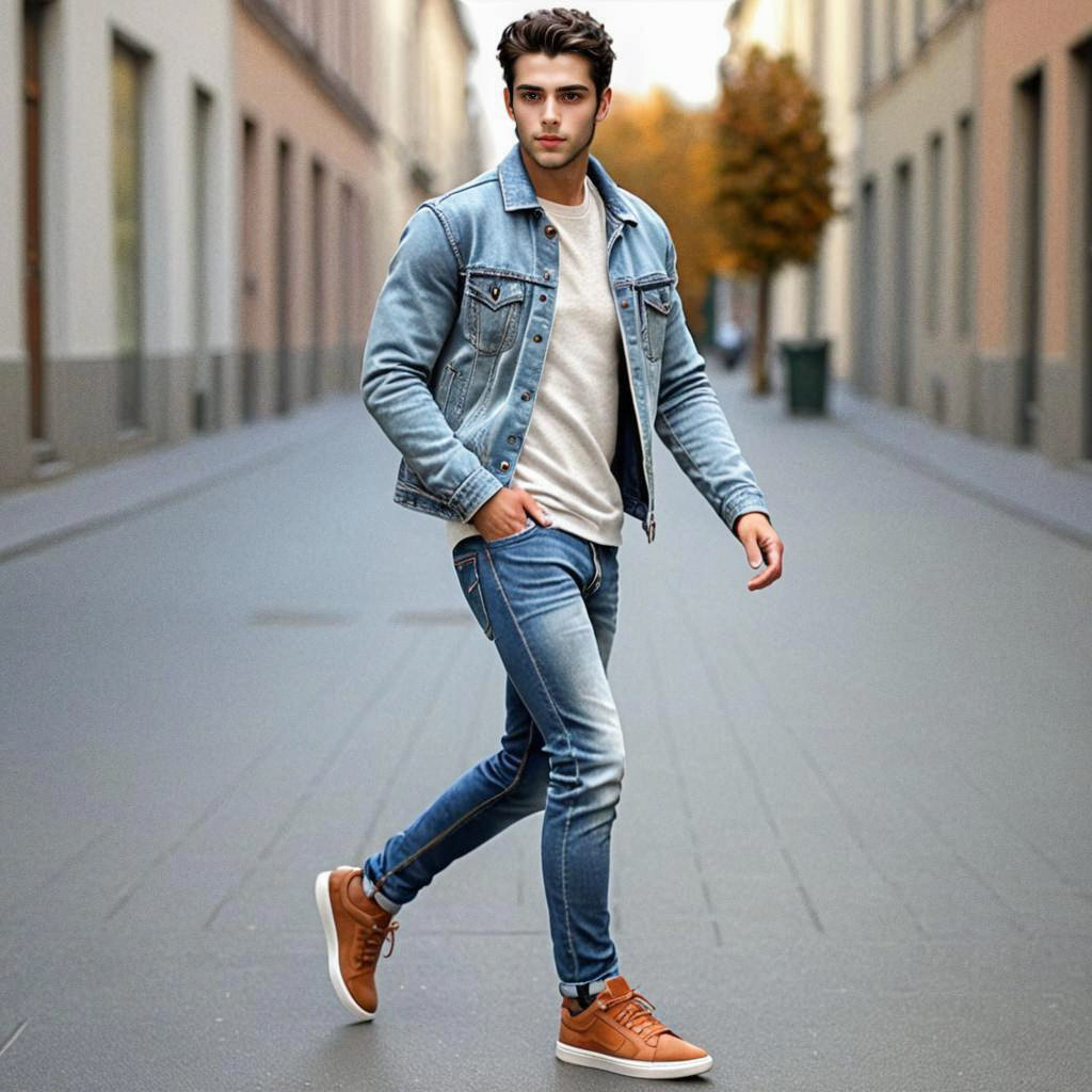 Confident Young Man in Denim Jacket on Urban Street