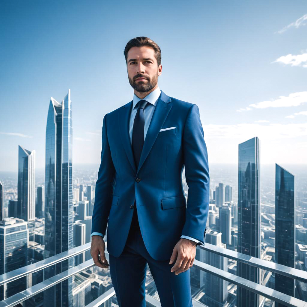 Confident Man in Blue Suit Overlooking City Skyline