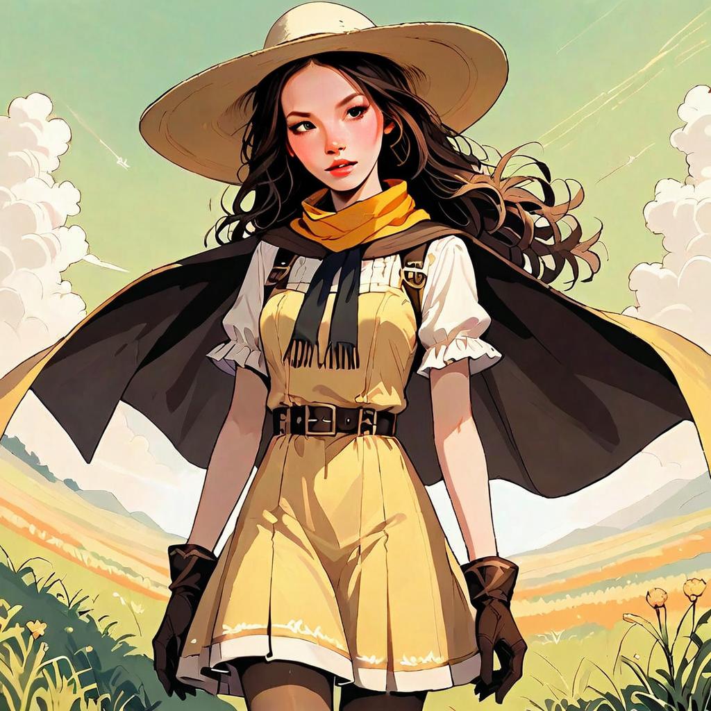 Stylized Digital Illustration of Woman in Vintage Yellow Outfit with Wide-Brim Hat