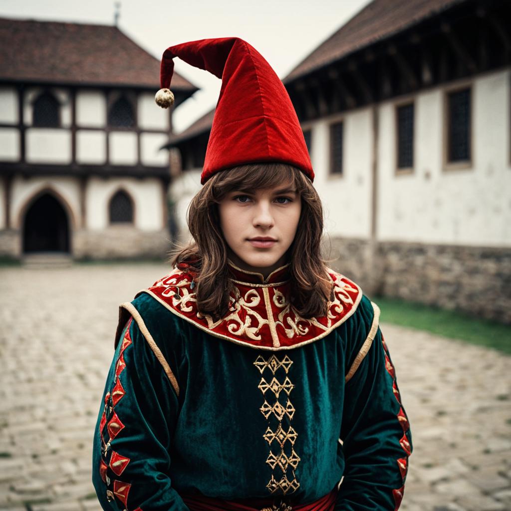Medieval Woman in Luxurious Jester Costume with Red Pointed Hat