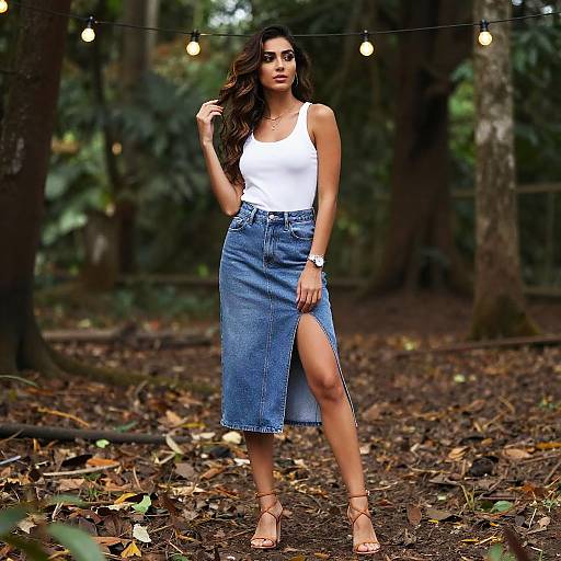 Slim Woman in Casual Chic Outfit with White Tank Top and Denim Midi Skirt