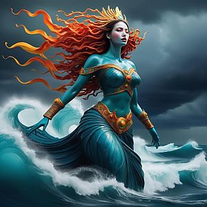 Mythical Sea Goddess in Stormy Ocean