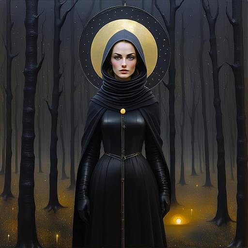 Mystic Woman in Black Hooded Cloak with Golden Halo in Dark Forest