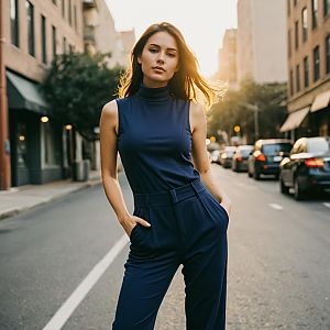 Confident Woman in Navy Blue Jumpsuit on City Street at Sunset
