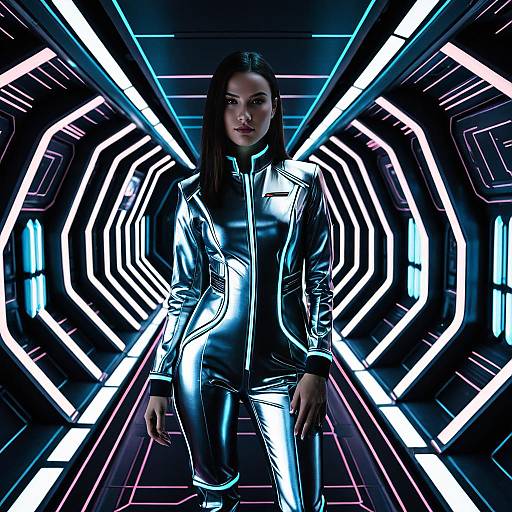 Futuristic Woman in Metallic Jumpsuit in Neon Sci-Fi Corridor