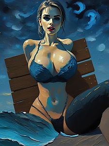 Vibrant Woman on Bench Under Dramatic Sky