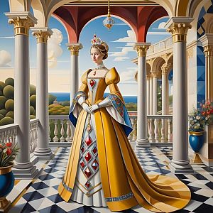 Regal Woman in Gown on Terrace Overlooking Sea