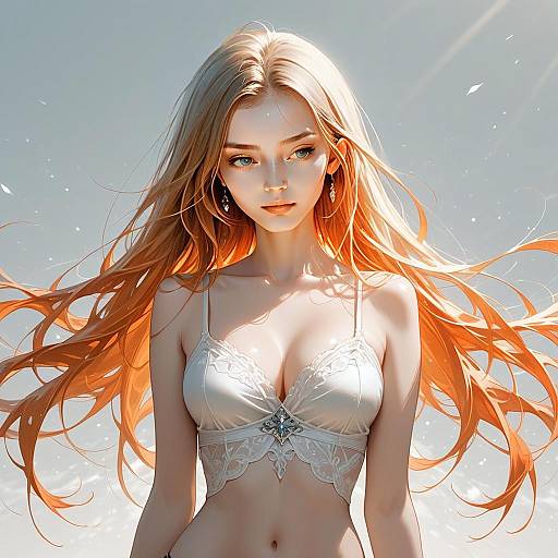 Digital Anime-Style Portrait of Woman with Flowing Orange Hair and White Lace Top