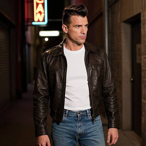 Man in Retro Leather Jacket and White T-Shirt with 1950s Greaser Style in Urban Alley