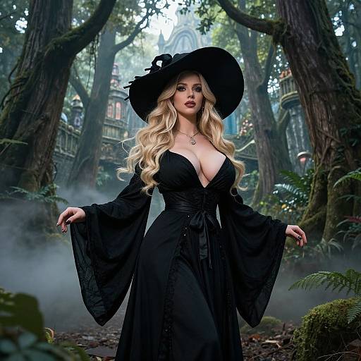 Blonde Woman Witch in Black Gown in Mystical Forest Fantasy