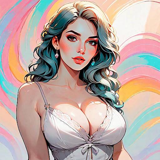 Stylized Digital Portrait of Woman with Blue Hair and Pastel Rainbow Background